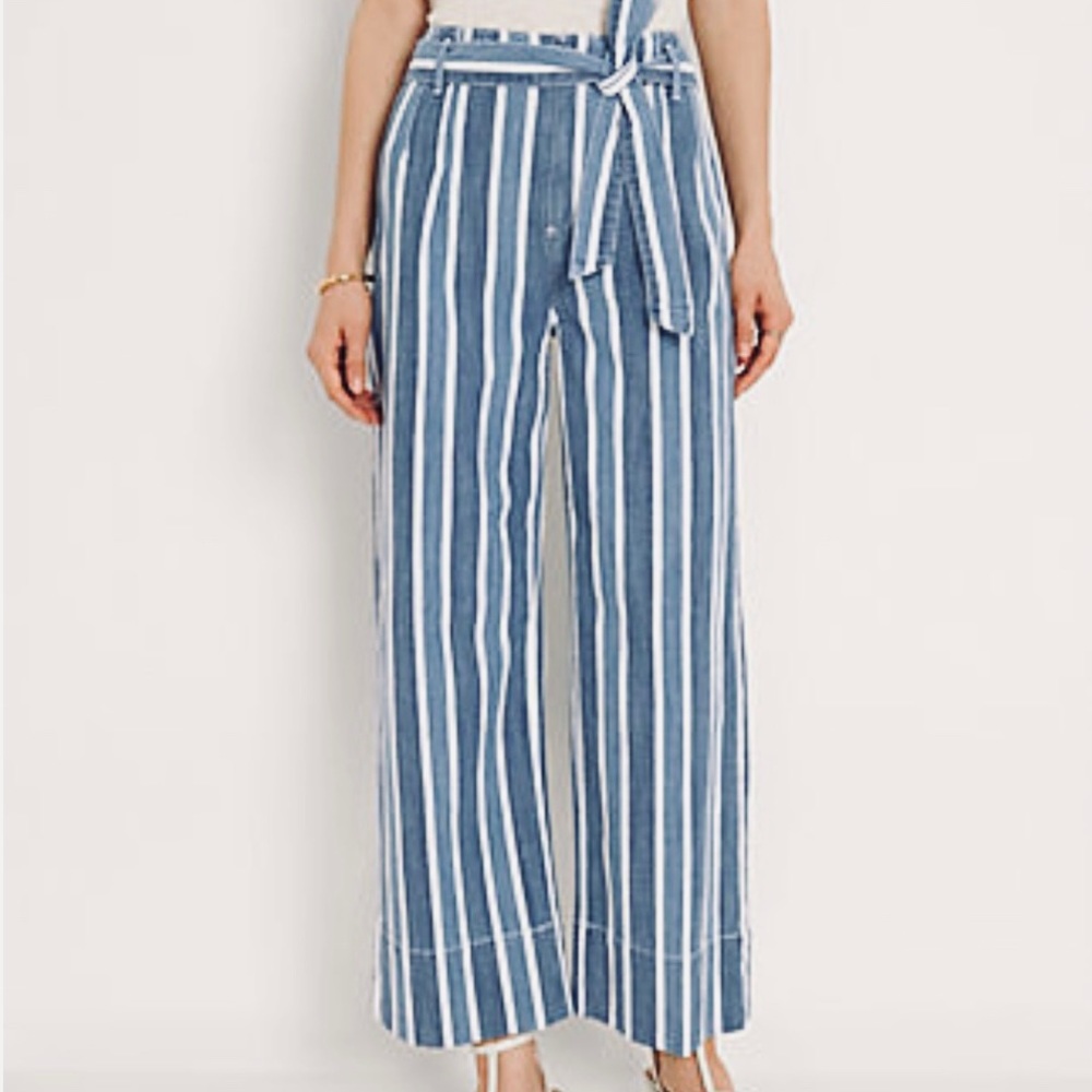 NWOT Ann Taylor Womens Blue Stripe Jeans High Rise Crop Size 6 Belt Back Pockets